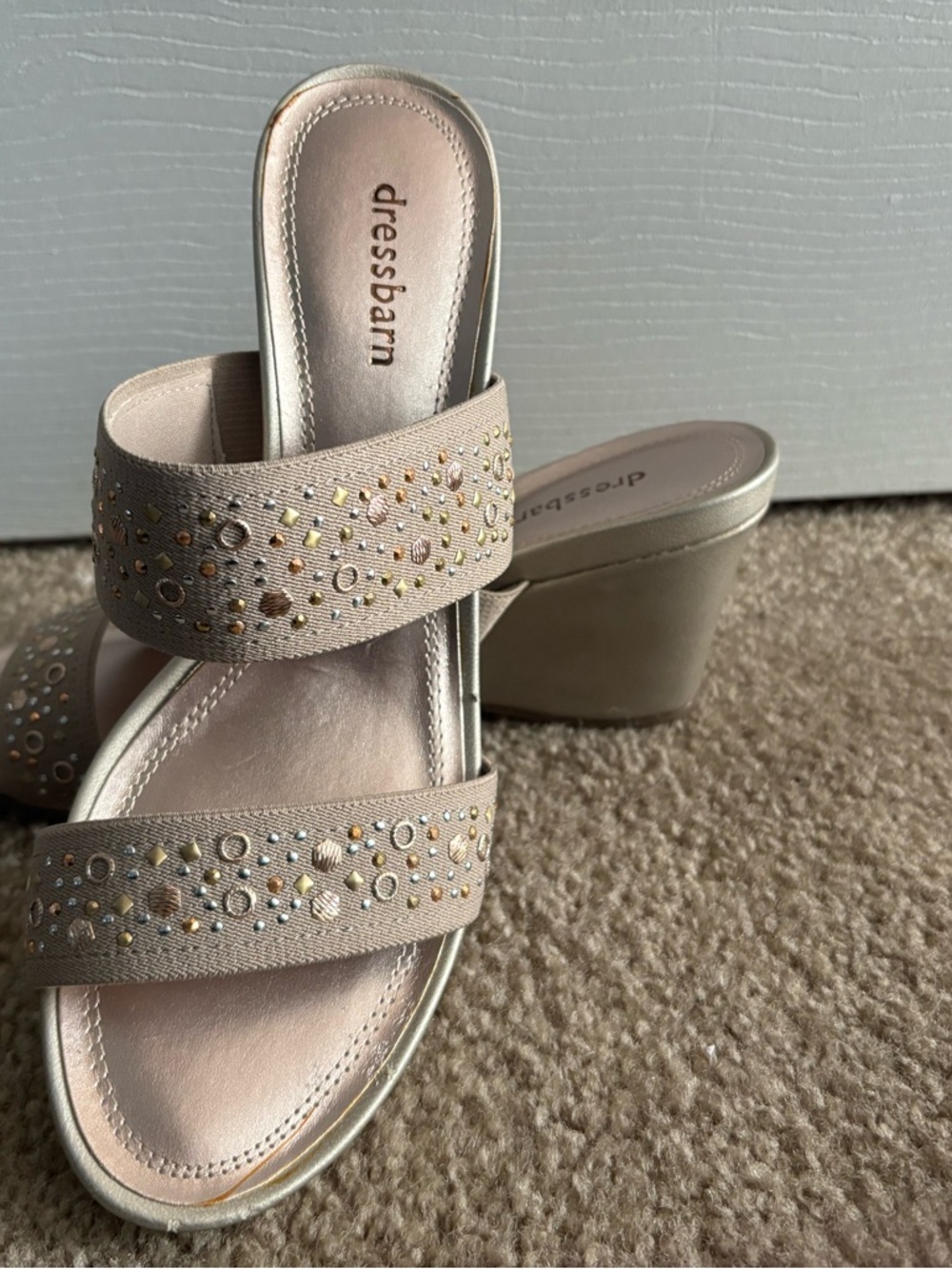DressBarn Beige Wedge Slide Sandals with Sparkle Studs